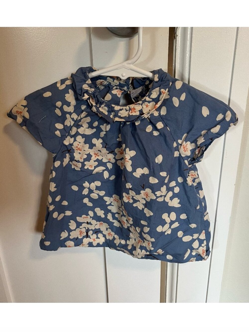 Petit Bateau baby toddler short sleeved blue floral blouse 18 months
